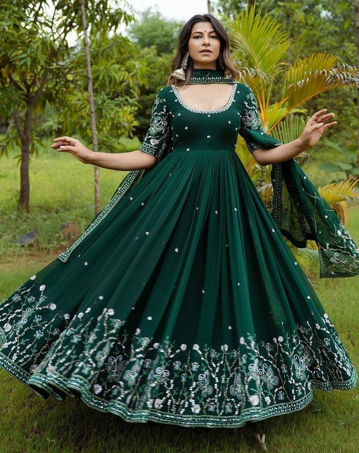 Green georgette heavy embroidered wedding anarkali suit