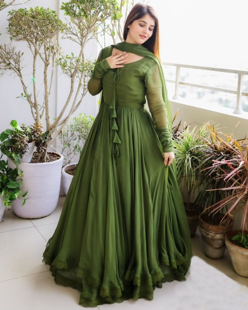 Mehendi green georgette plain long anarkali suit