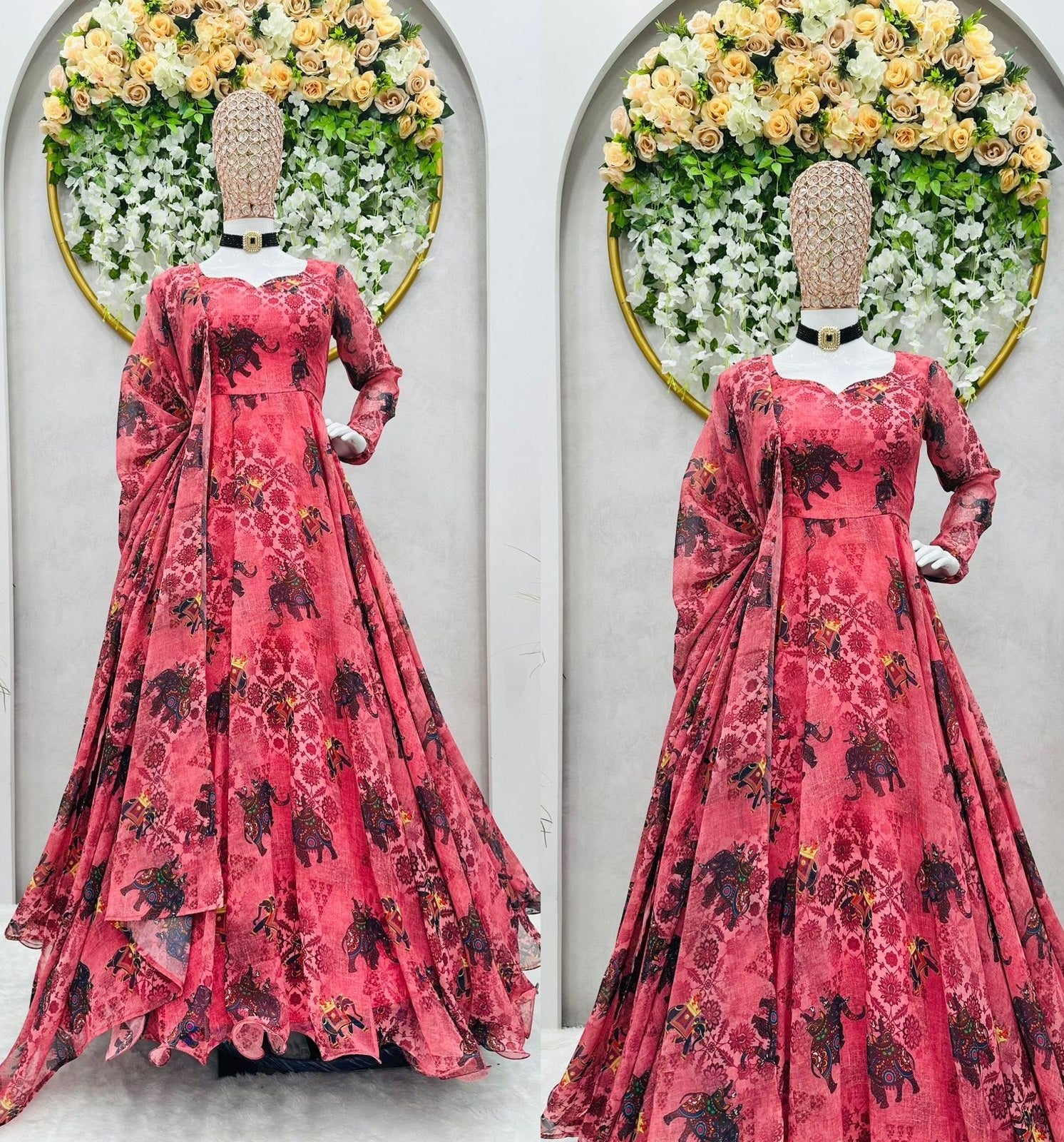 Magento red printed party wear gown