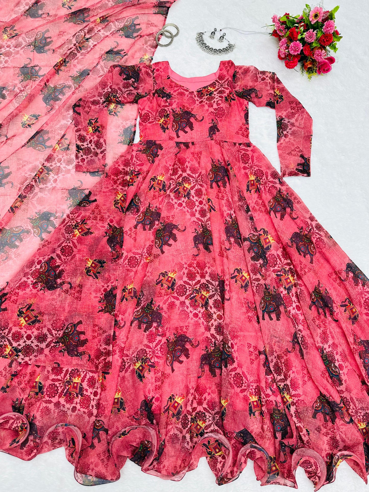 Magento red printed party wear gown