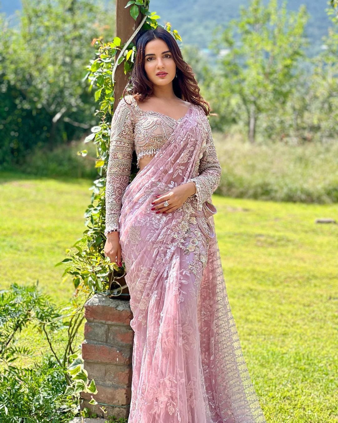 Baby pink soft net designer bollywood saree