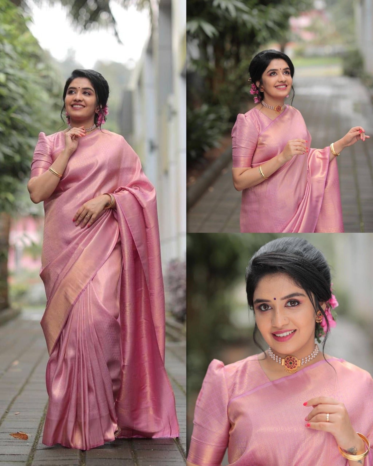 Baby pink two tone lichi silk jacquard work saree for ceremony