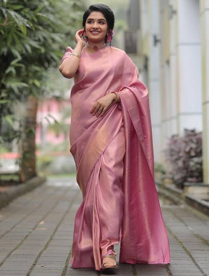 Baby pink two tone lichi silk jacquard work saree for ceremony