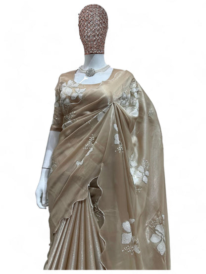 Beige jimmy choo designer ceremonial saree