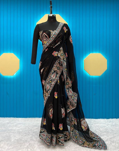 Black georgette designer heavy embroidered bollywood party wear saree