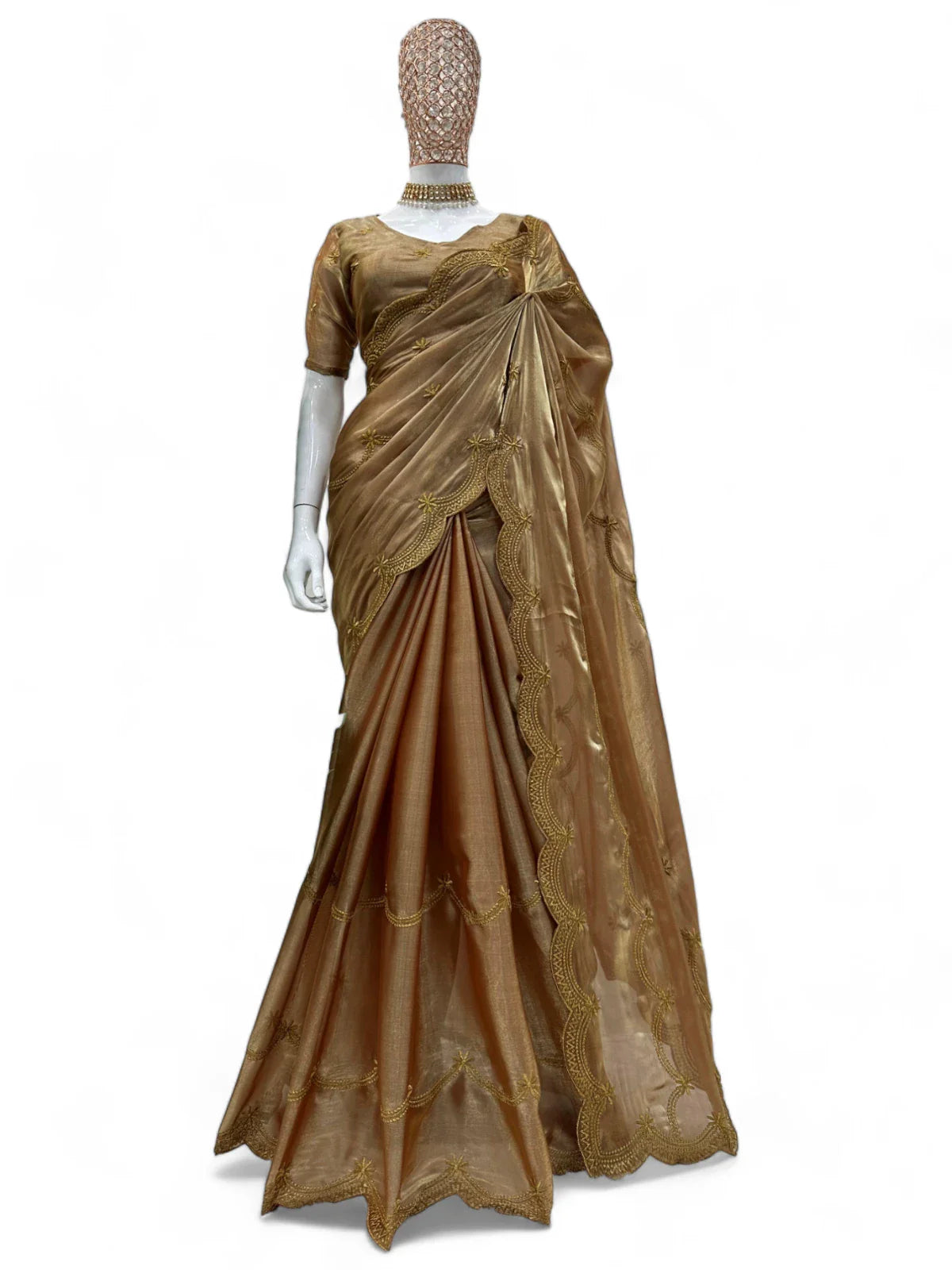 Brown jimmy chu shiny party wear saree