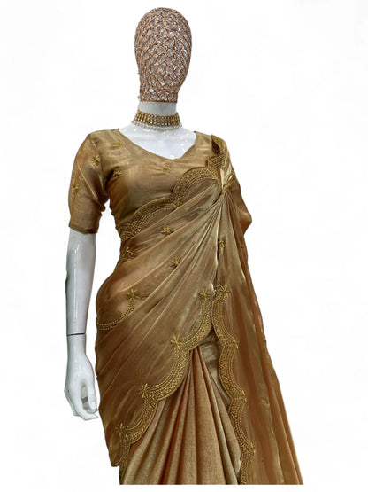 Brown jimmy chu shiny party wear saree