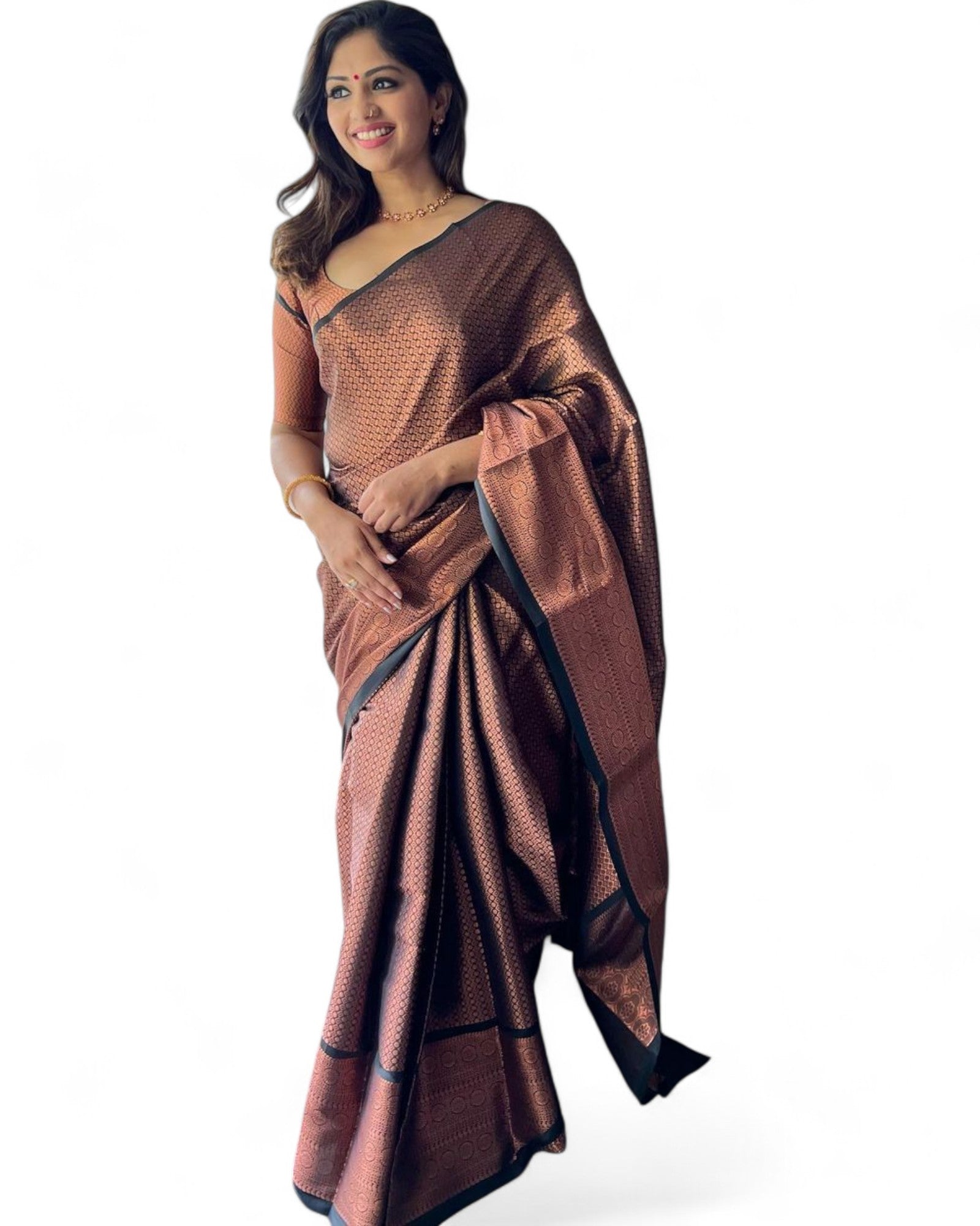 Copper jacquard weaving work lichi silk wedding saree