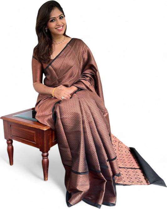 Copper jacquard weaving work lichi silk wedding saree