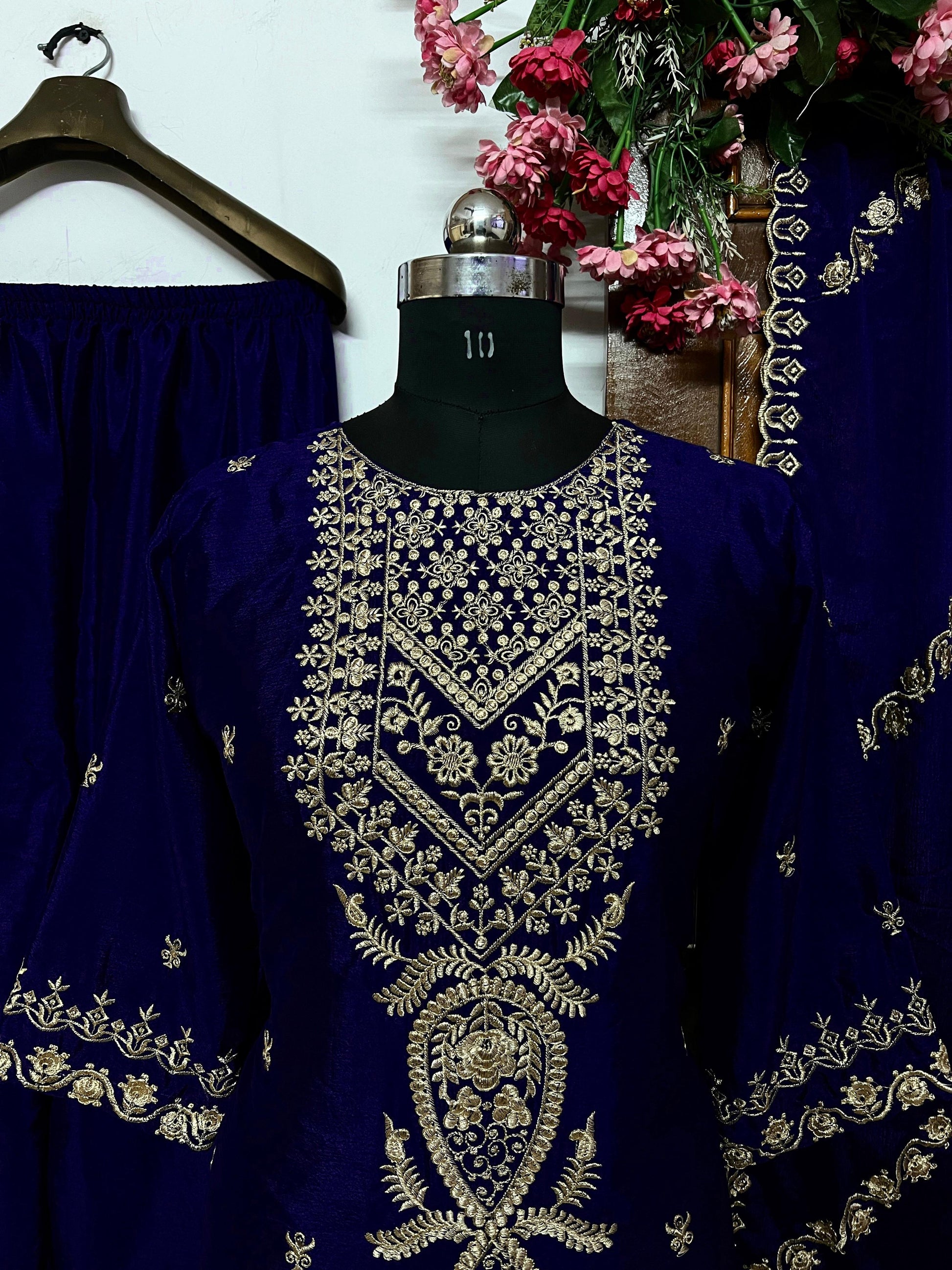 Dark blue silk heavy work wedding salwar suit