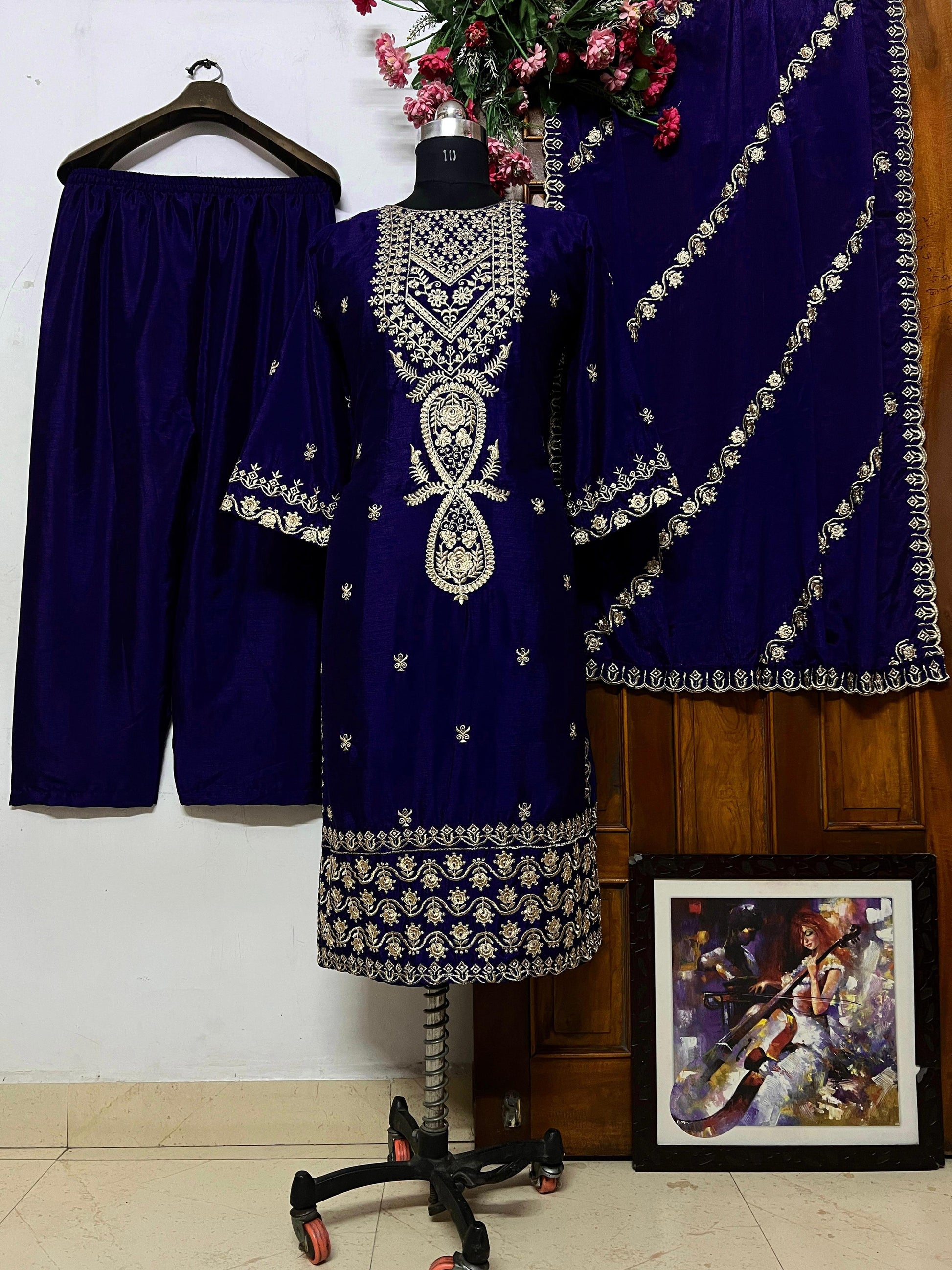 Dark blue silk heavy work wedding salwar suit