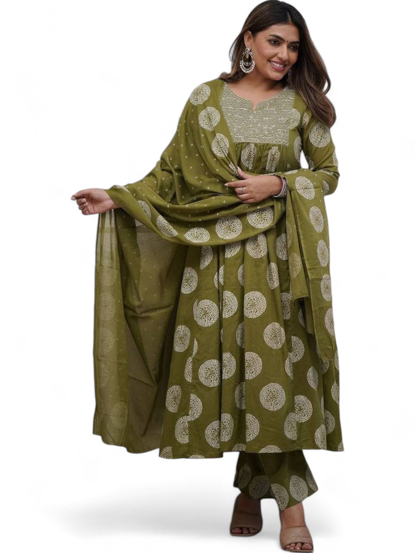 Designer Cotton Block Print Anarkali Suit Green