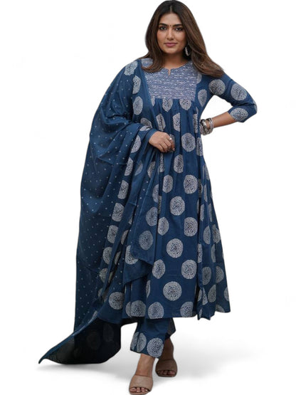 Designer Cotton Block Print Anarkali Suit Navy