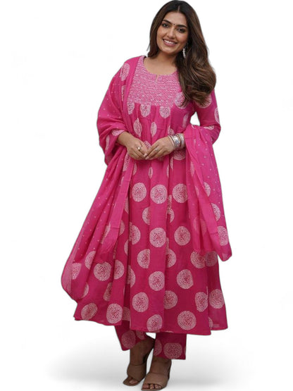 Designer Cotton Block Print Anarkali Suit Pink