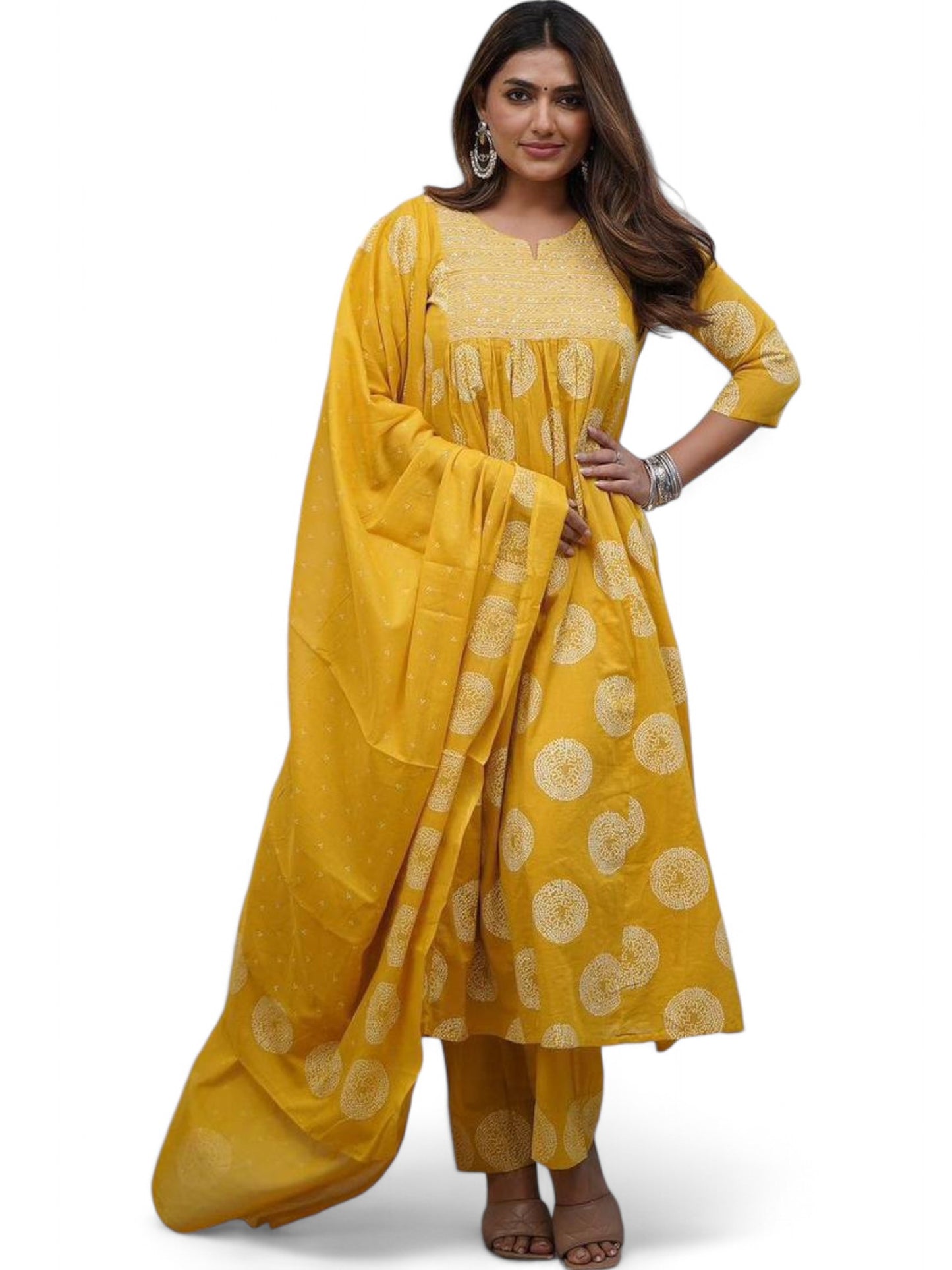 Designer Cotton Block Print Anarkali Suit Yellow