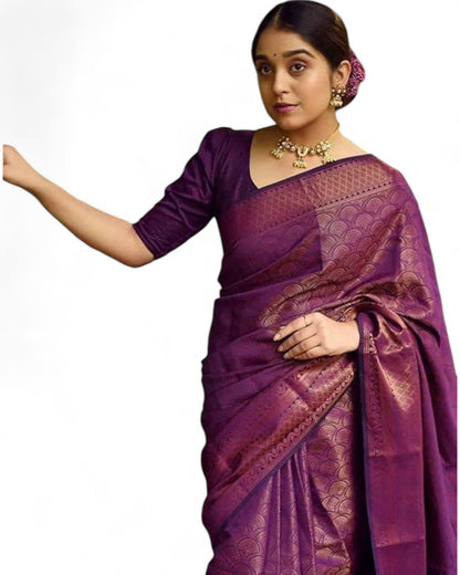 Designer soft lichi silk jacquard work wedding saree Purple Free Size