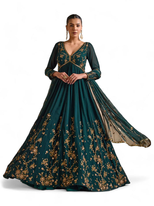 Green heavy work designer wedding ethnic gown