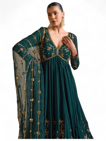 Green heavy work designer wedding ethnic gown