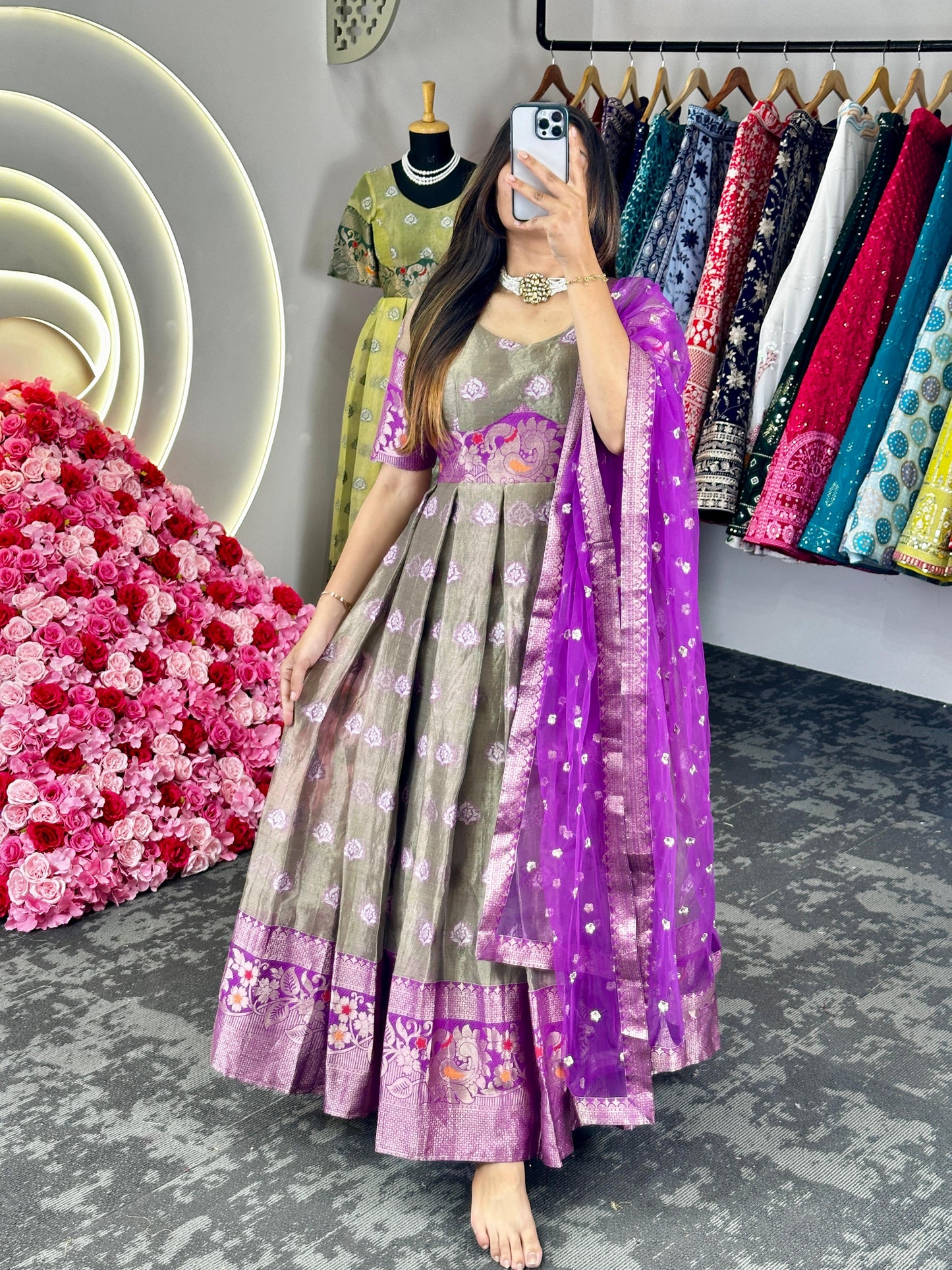 Kota silk jacquard work wedding anarkali suit Gray