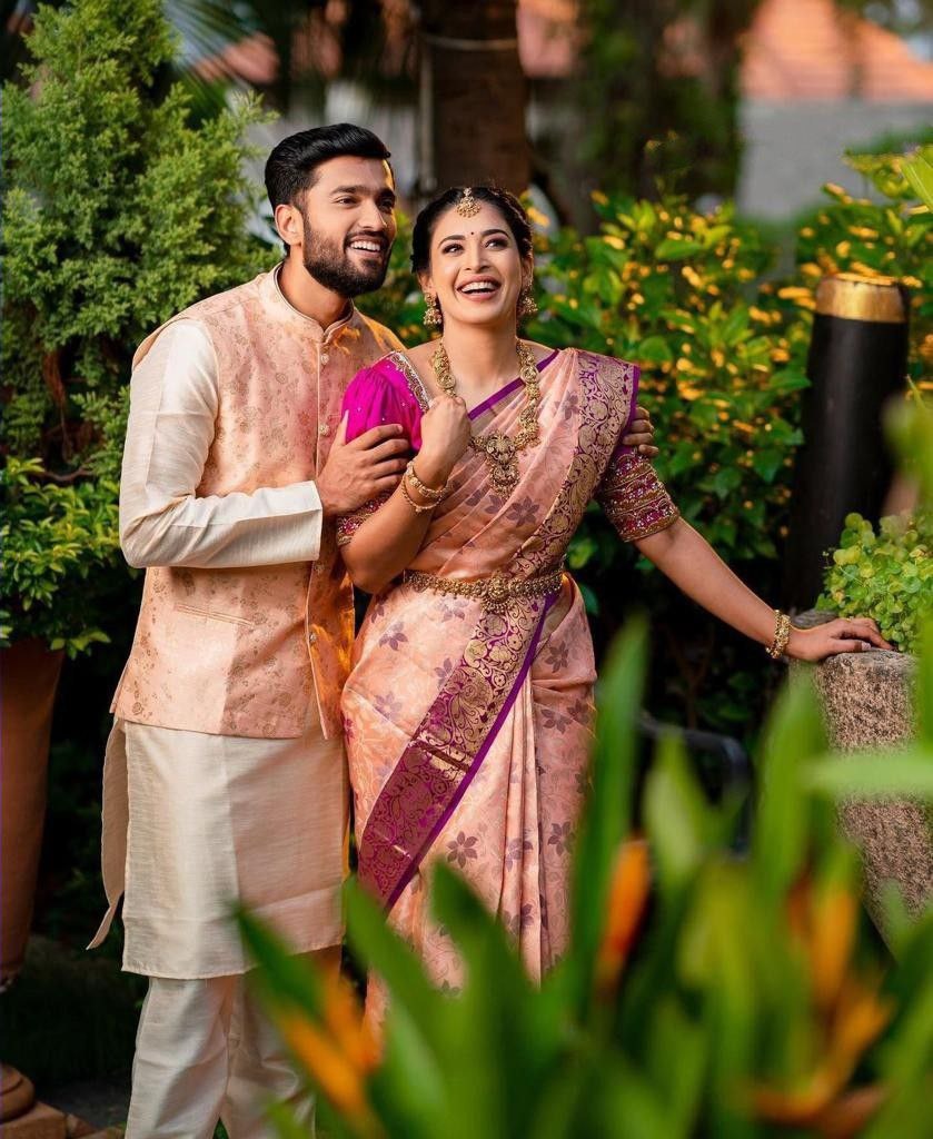 Peach banarasi silk jacquard work wedding saree