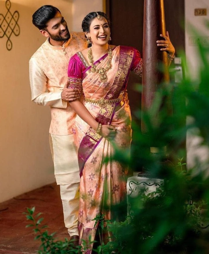 Peach banarasi silk jacquard work wedding saree
