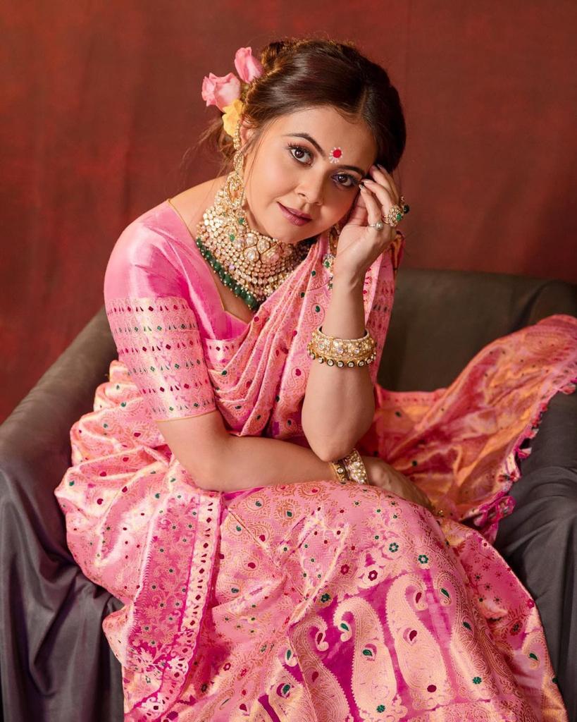 Baby pink lichi silk jacquard work wedding saree