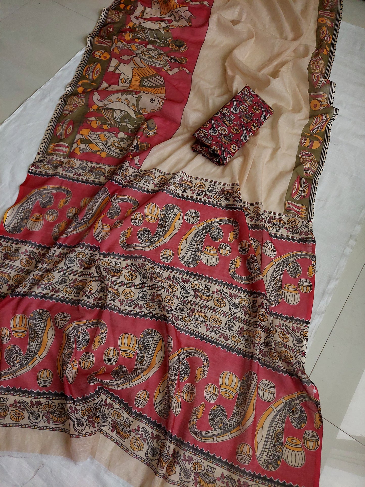 Kalamkari digital printed linen cotton saree Beige Free Size