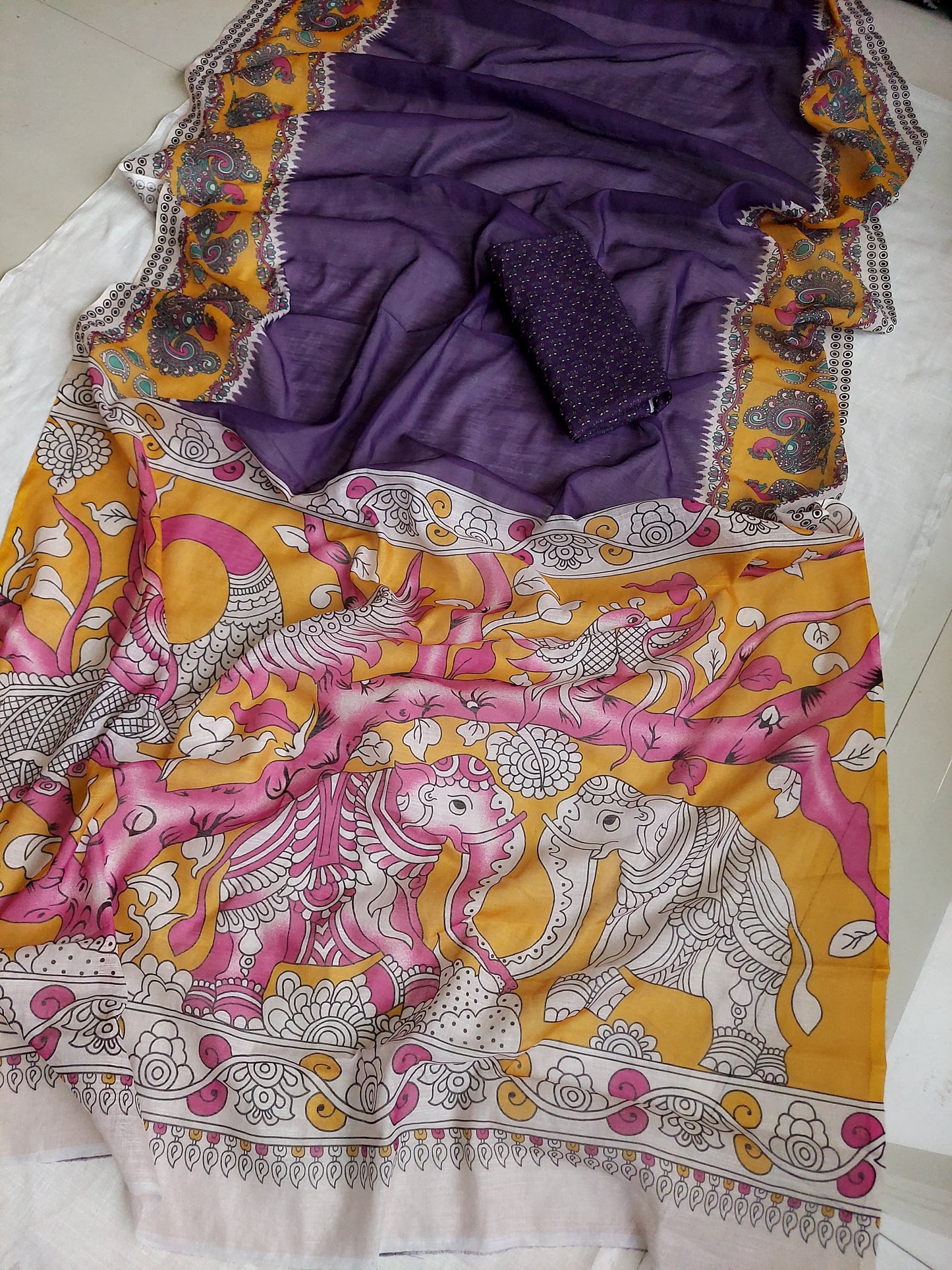 Kalamkari digital printed linen cotton saree Purple Free Size