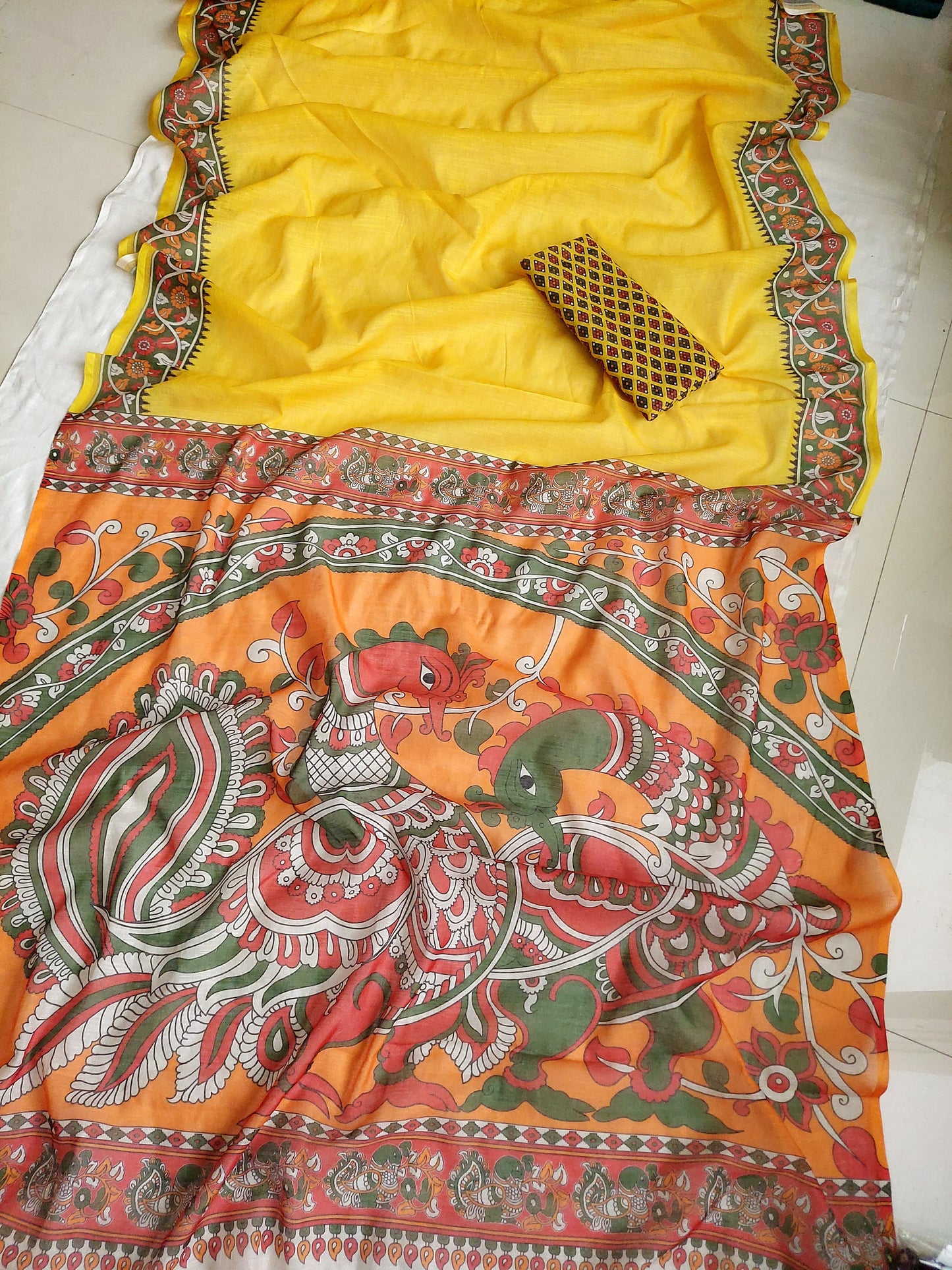 Kalamkari digital printed linen cotton saree Yellow Free Size