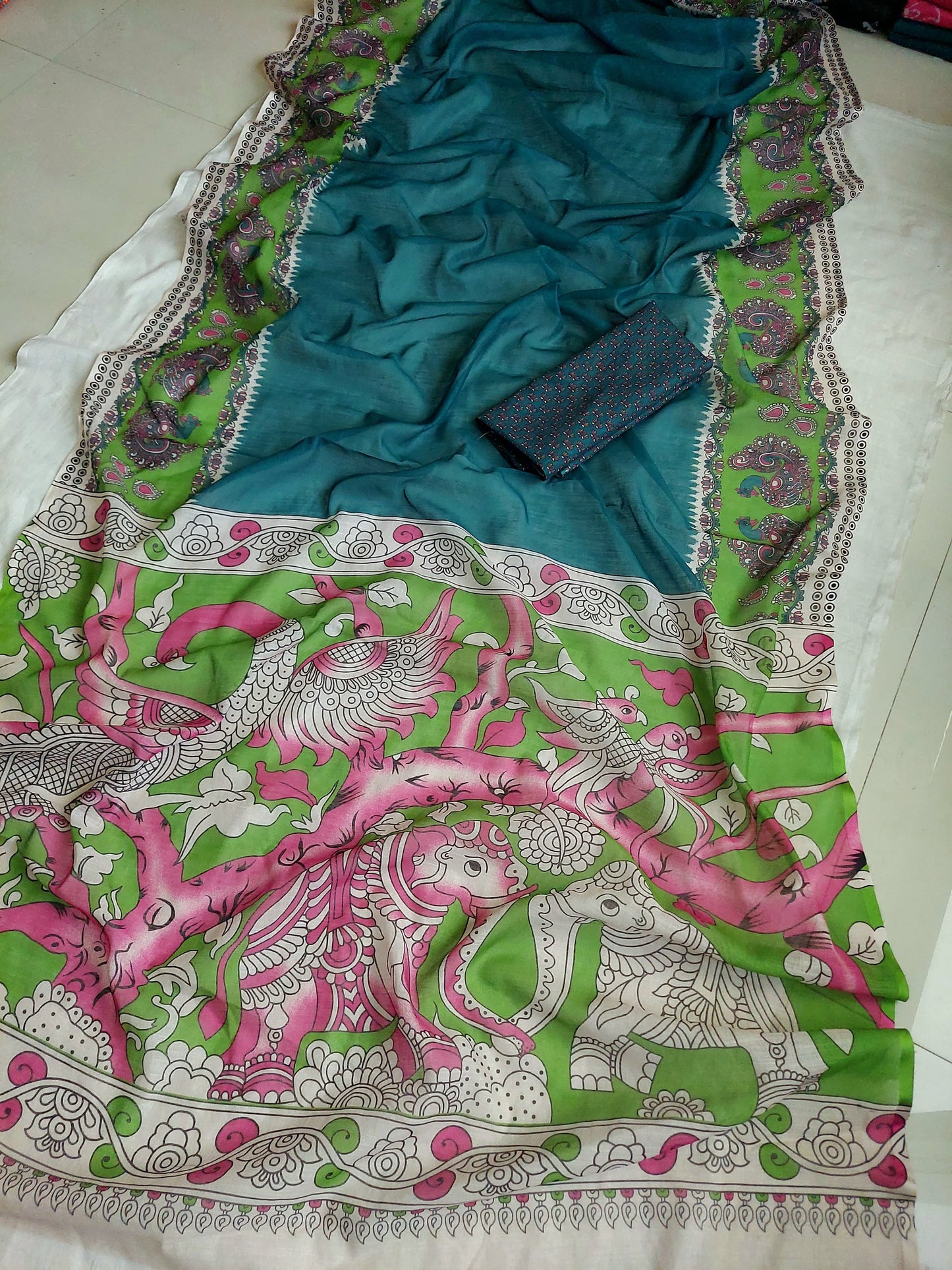 Kalamkari digital printed linen cotton saree Rama Free Size