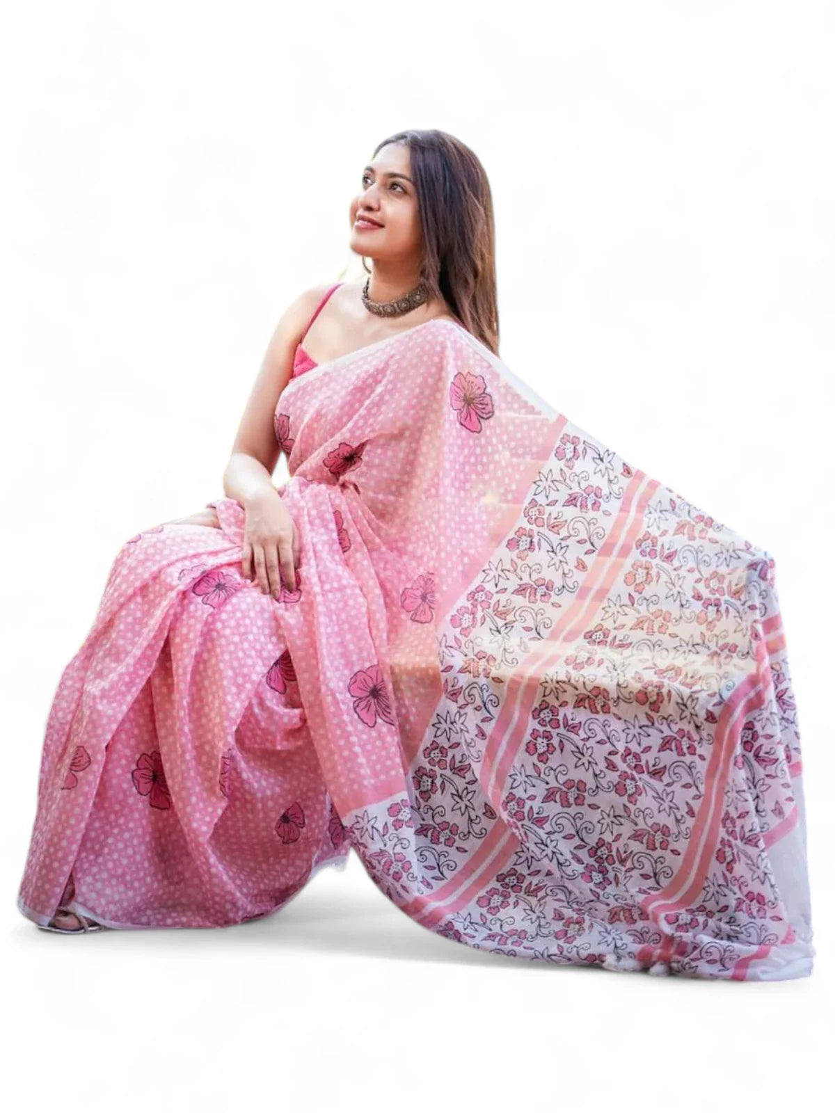 Baby pink printed linen saree