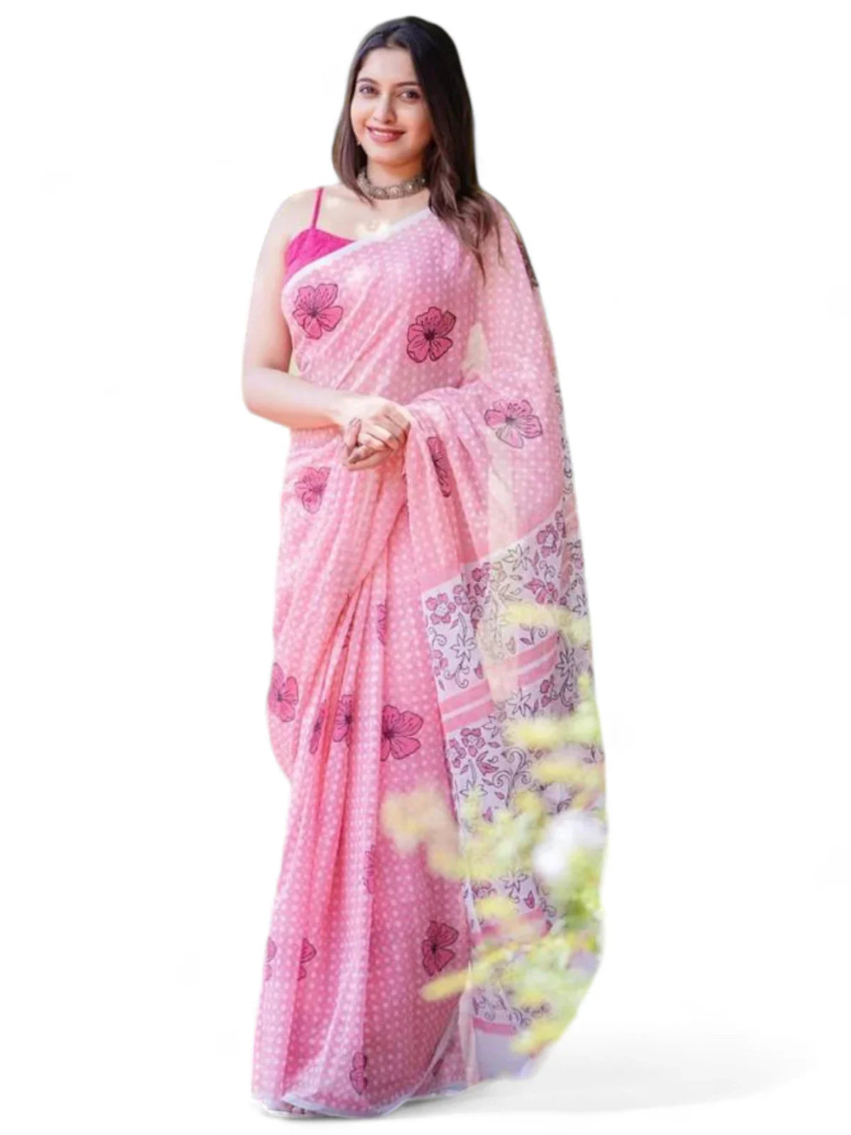 Baby pink printed linen saree