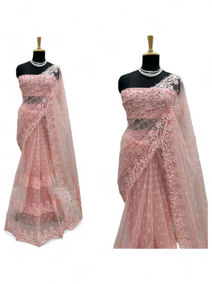 Peach soft net designer ceremonial saree