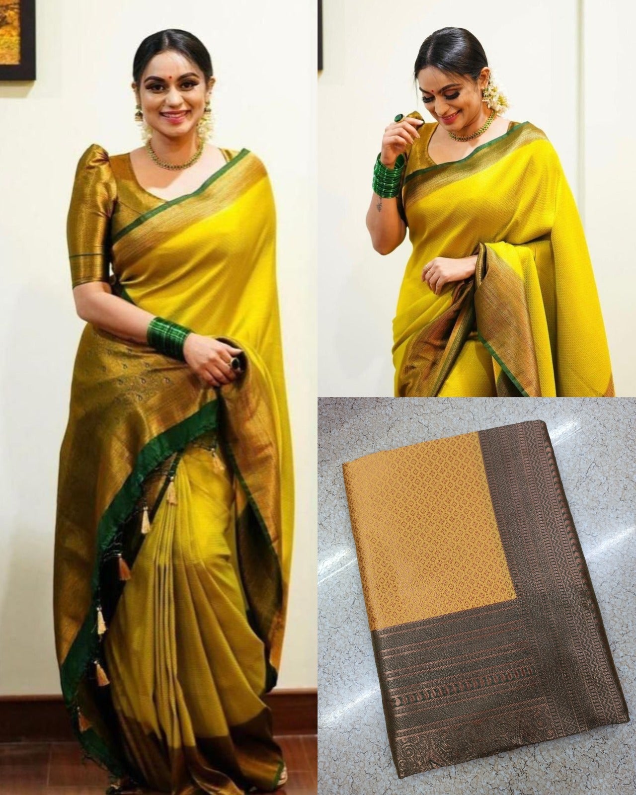 Yellow banarasi silk jacquard work ceremonial saree