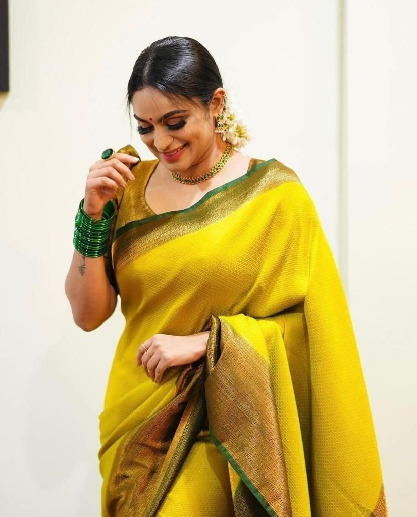 Yellow banarasi silk jacquard work ceremonial saree