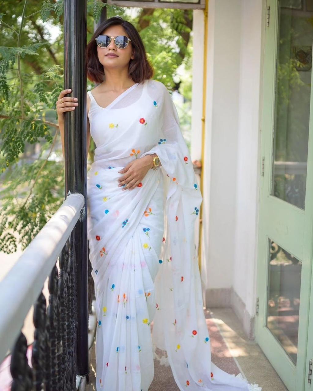 White Linen Cotton Printed Stylish Farewell Party Office Wear Saree