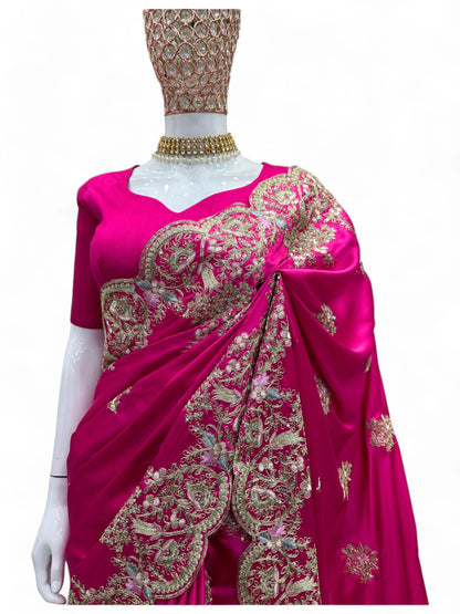 Pink satin designer wedding saree