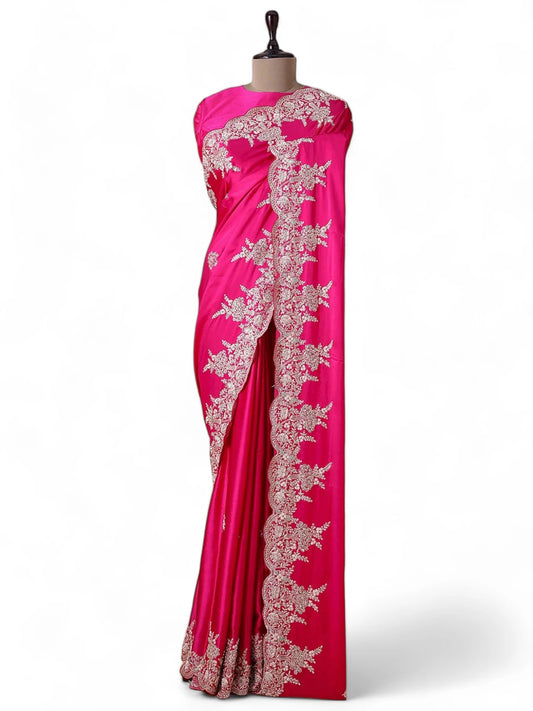 Pink satin designer wedding saree