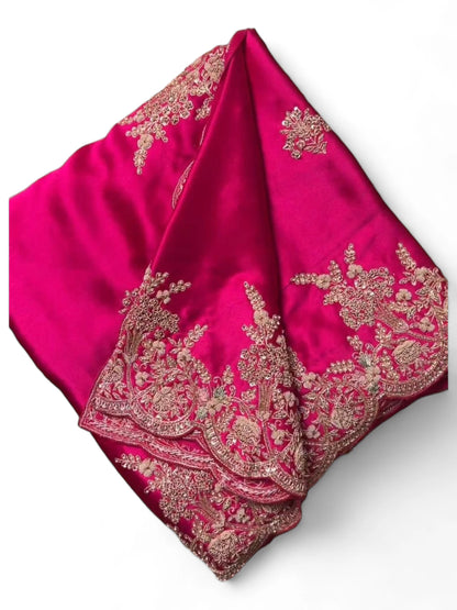 Pink satin designer wedding saree