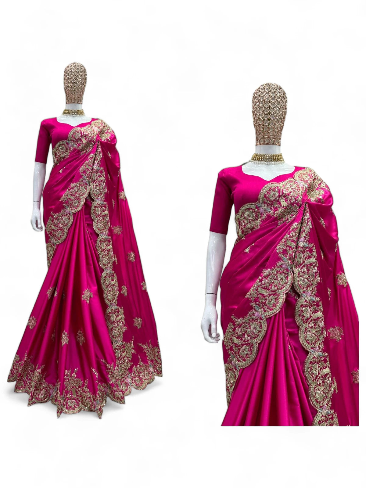 Pink satin designer wedding saree