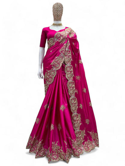 Pink satin designer wedding saree