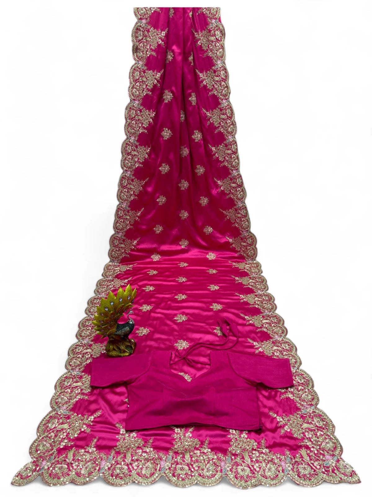 Pink satin designer wedding saree