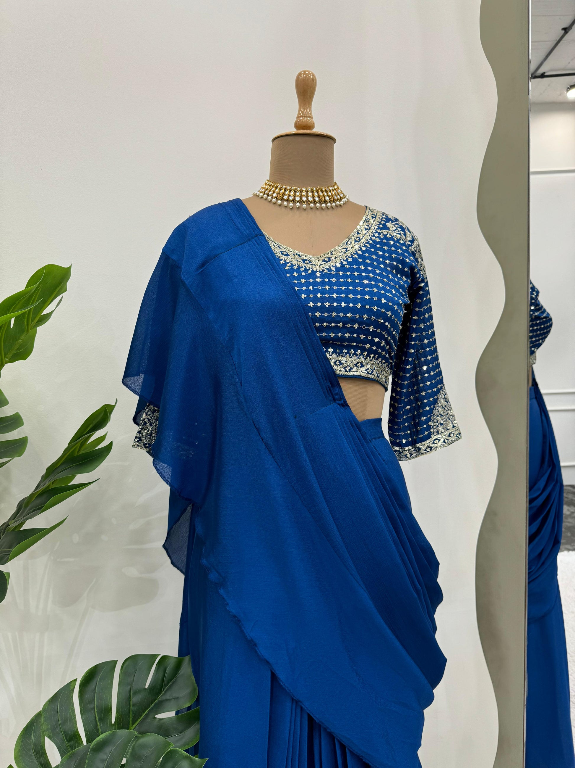 Rama blue fancy ruffle pre stitched draped ready to wear party wear saree