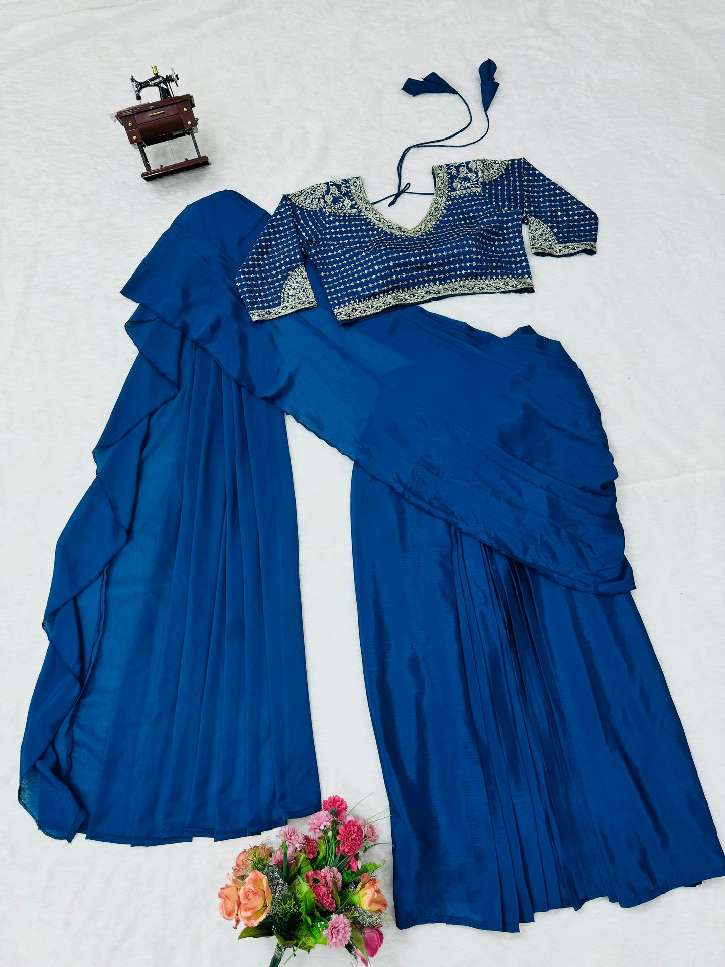 Rama blue fancy ruffle pre stitched draped ready to wear party wear saree