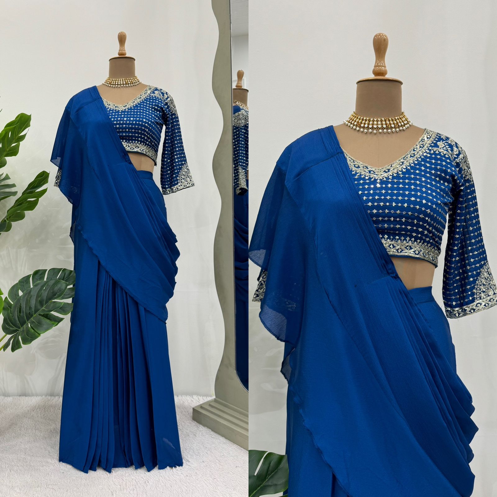 Rama blue fancy ruffle pre stitched draped ready to wear party wear saree