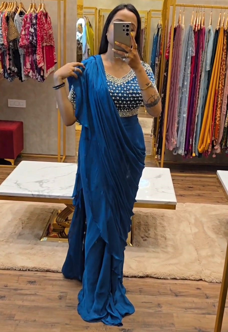 Rama blue fancy ruffle pre stitched draped ready to wear party wear saree