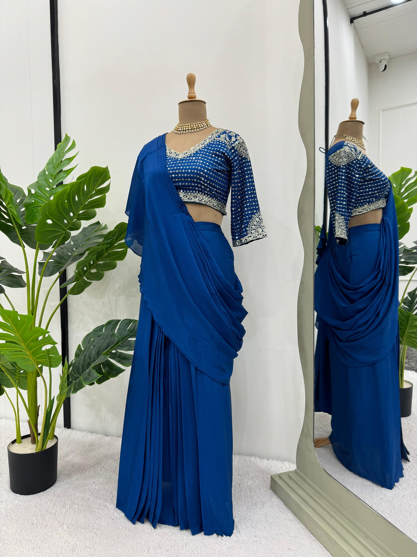 Rama blue fancy ruffle pre stitched draped ready to wear party wear saree