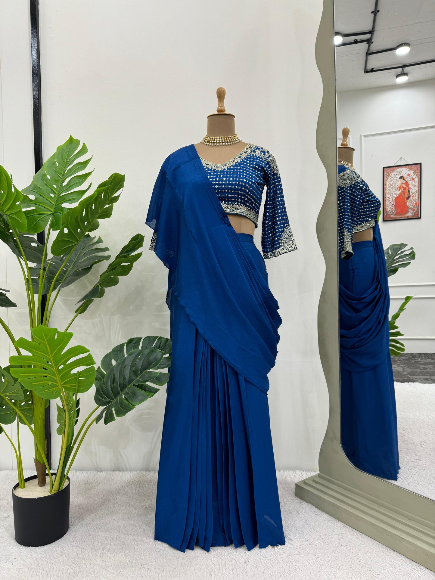 Rama blue fancy ruffle pre stitched draped ready to wear party wear saree