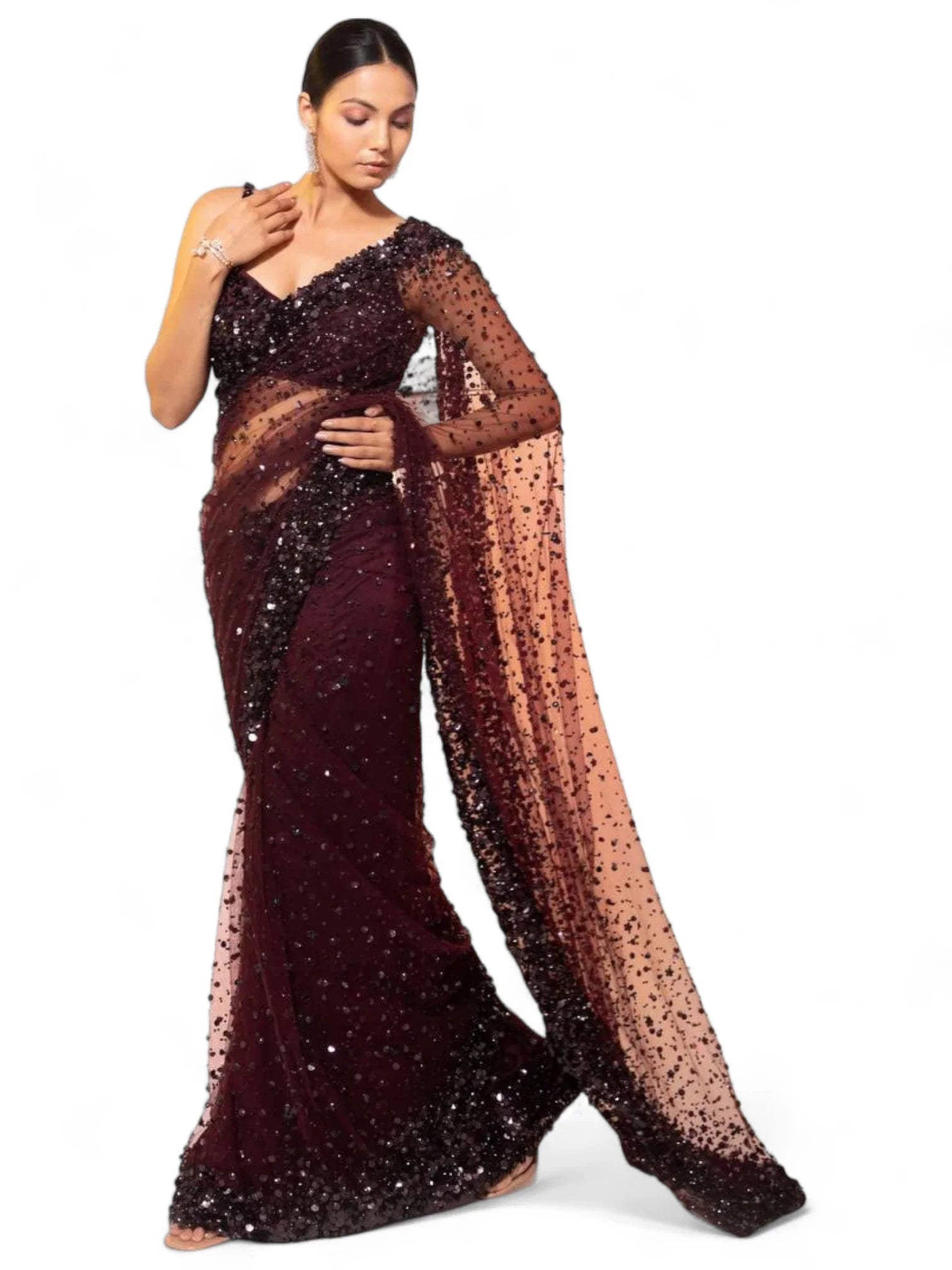 Maroon net shiny designer party wear saree