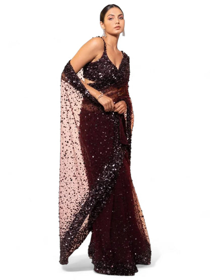 Maroon net shiny designer party wear saree